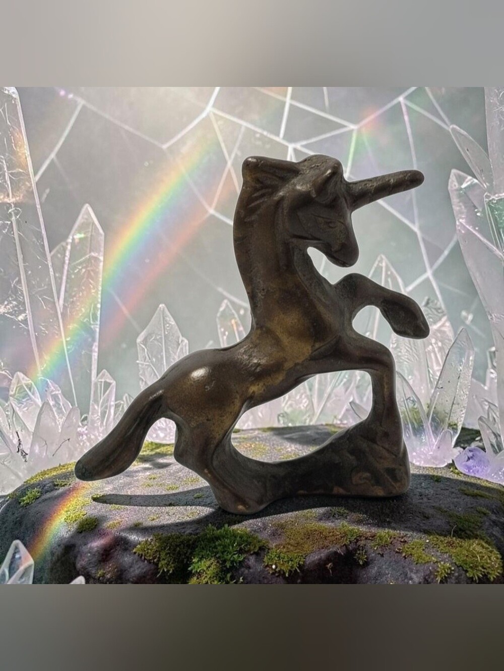 3" Miniature Solid Brass Rearing Pose Mythical Unicorn Looped Base Vintage Dull.